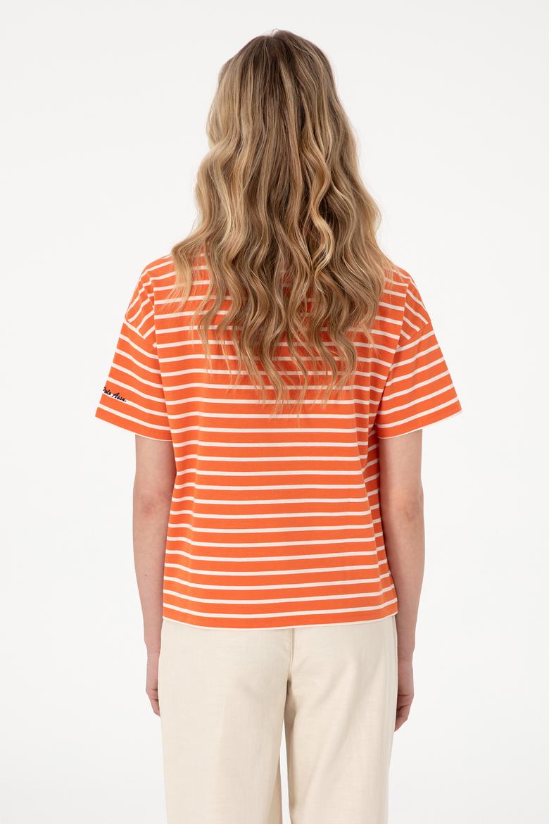 Kadın Nar Çiçeği Çizgili Bisiklet Yaka Tişört - 50305911004