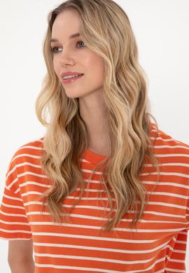 Kadın Nar Çiçeği Çizgili Bisiklet Yaka Tişört - 50305911004