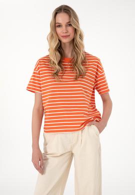 Kadın Nar Çiçeği Çizgili Bisiklet Yaka Tişört - 50305911004