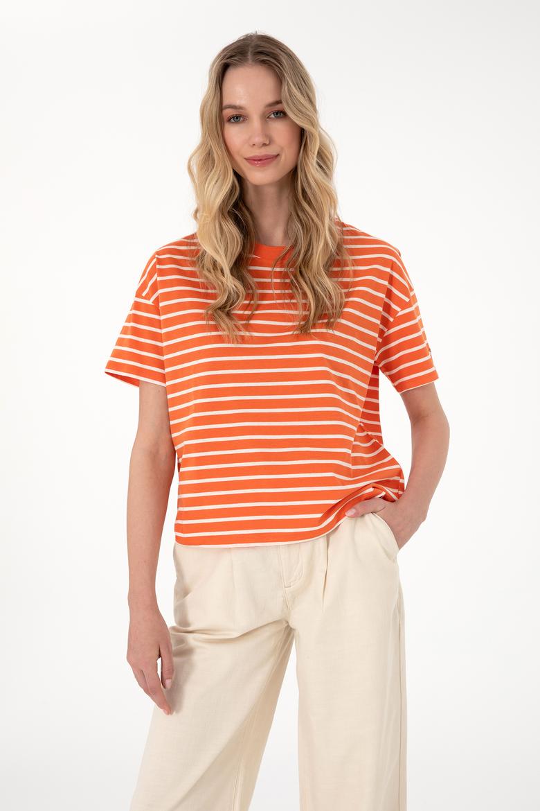 Kadın Nar Çiçeği Çizgili Bisiklet Yaka Tişört