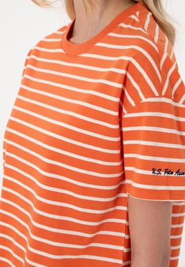 Kadın Nar Çiçeği Çizgili Bisiklet Yaka Tişört - 50305911004