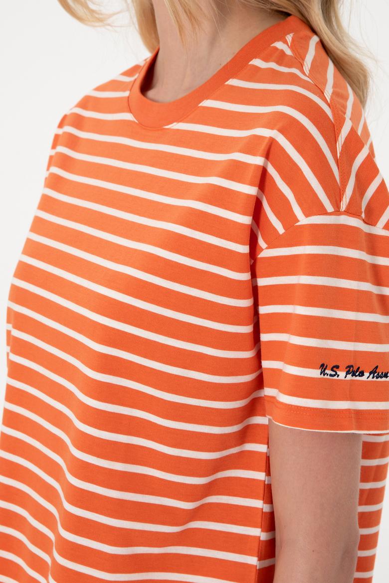 Kadın Nar Çiçeği Çizgili Bisiklet Yaka Tişört - 50305911004