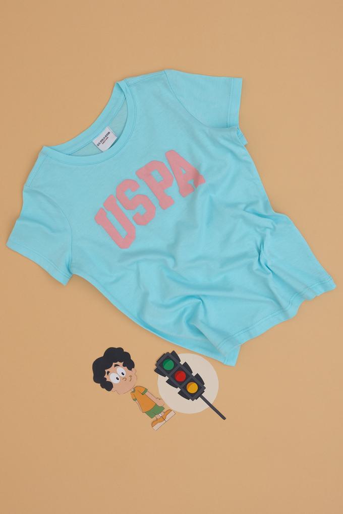 Kız Çocuk Aqua Bisiklet Yaka Pamuk Simli Uspa Baskılı Basic Tişört