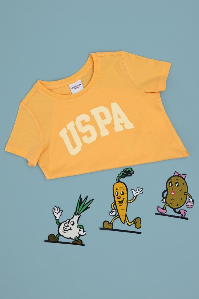 Kız Çocuk Turuncu Bisiklet Yaka Pamuk Simli Uspa Baskılı Basic Tişört