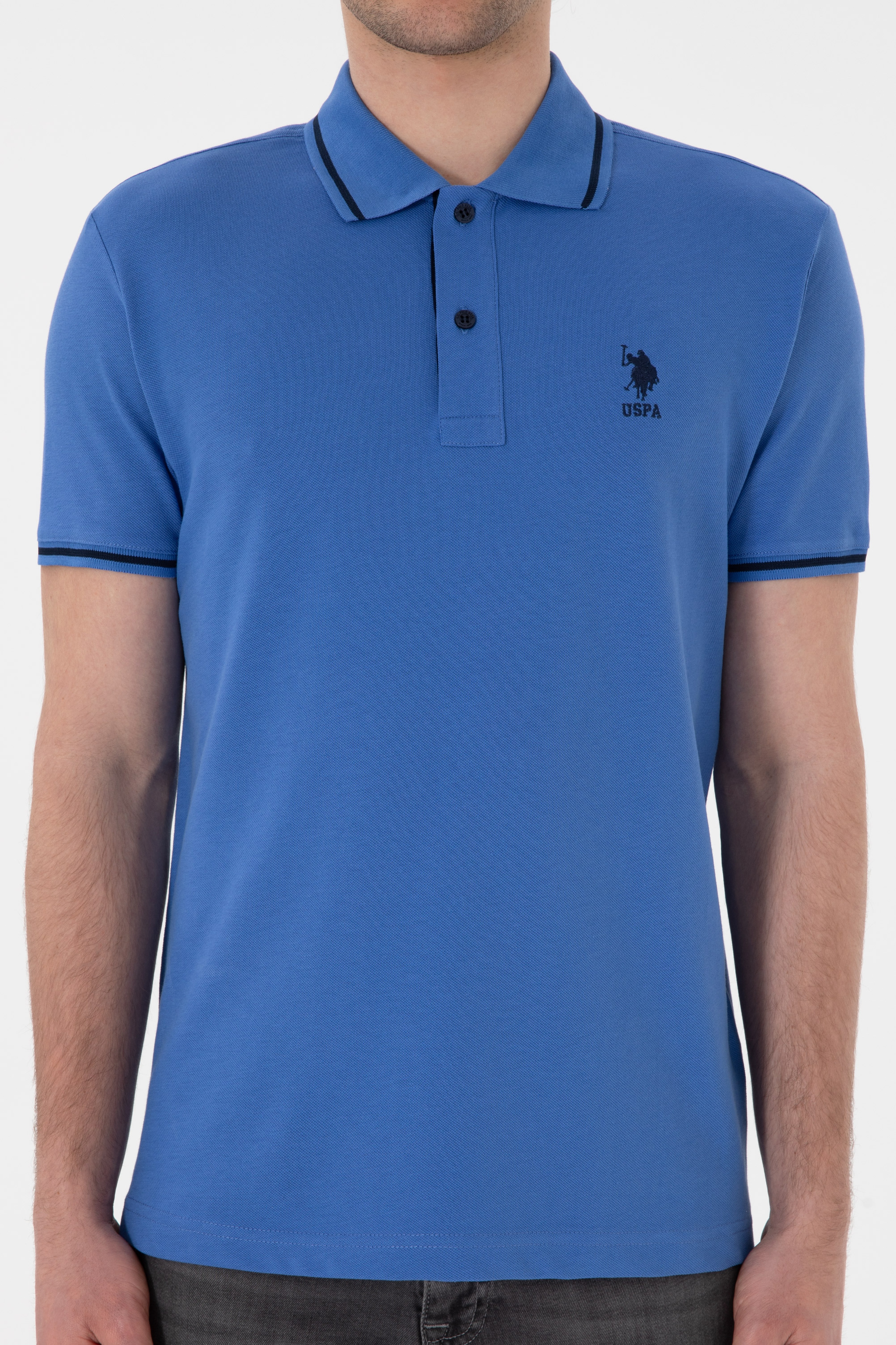 Erkek Slim Fit Polo Yaka İndigo Basic Tişört - Image 7