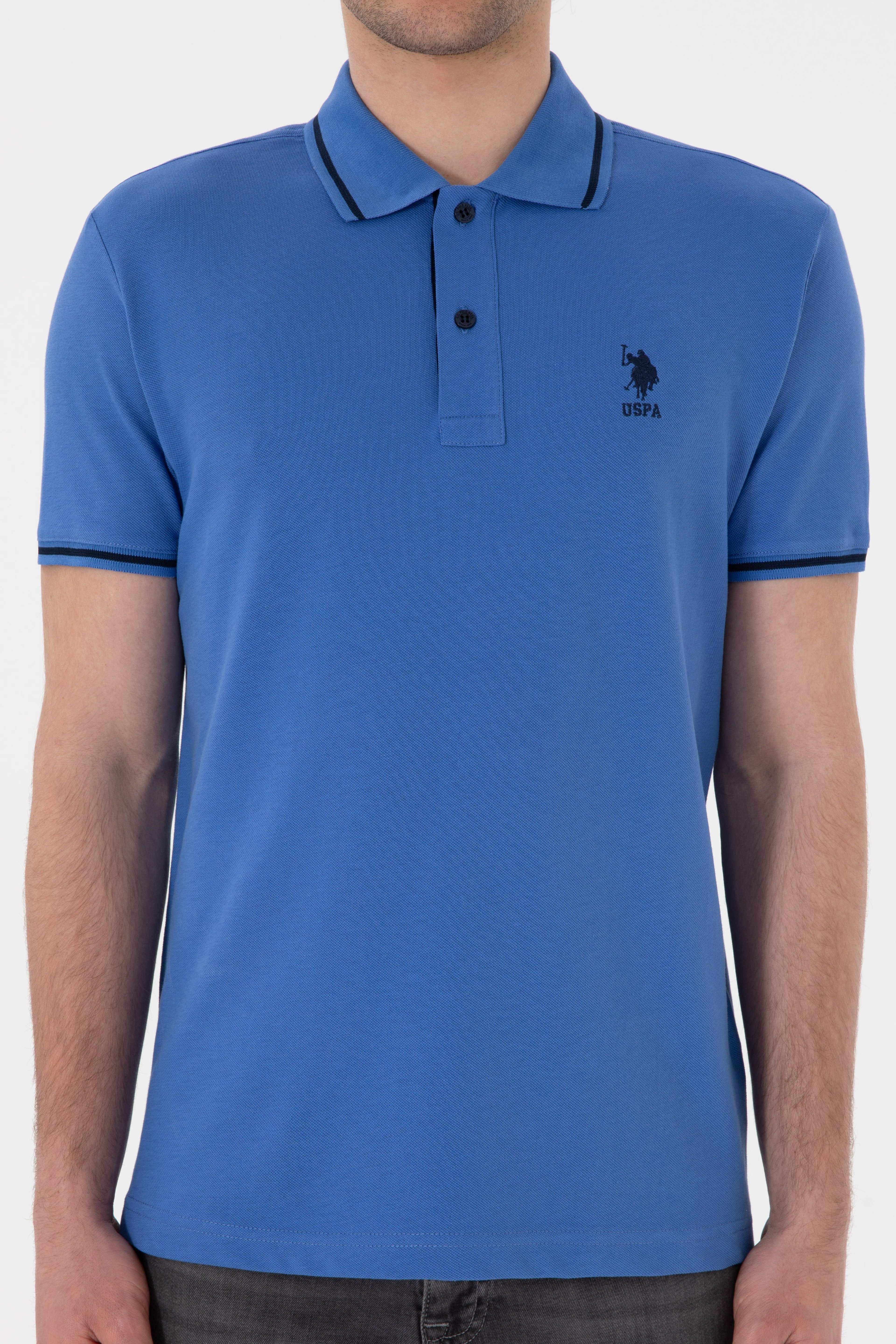 Erkek Slim Fit Polo Yaka İndigo Basic Tişört