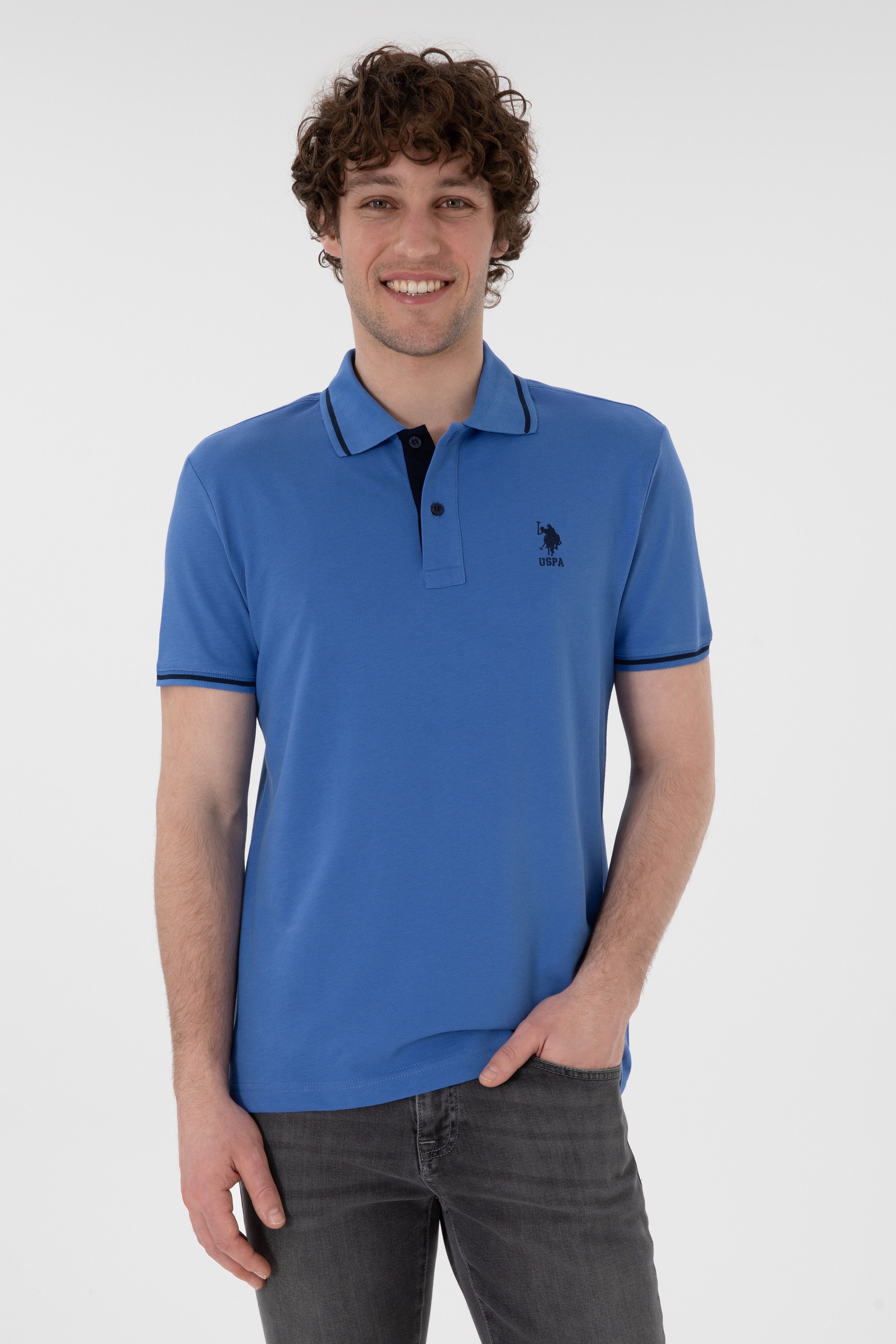 Erkek Slim Fit Polo Yaka İndigo Basic Tişört - Image 1