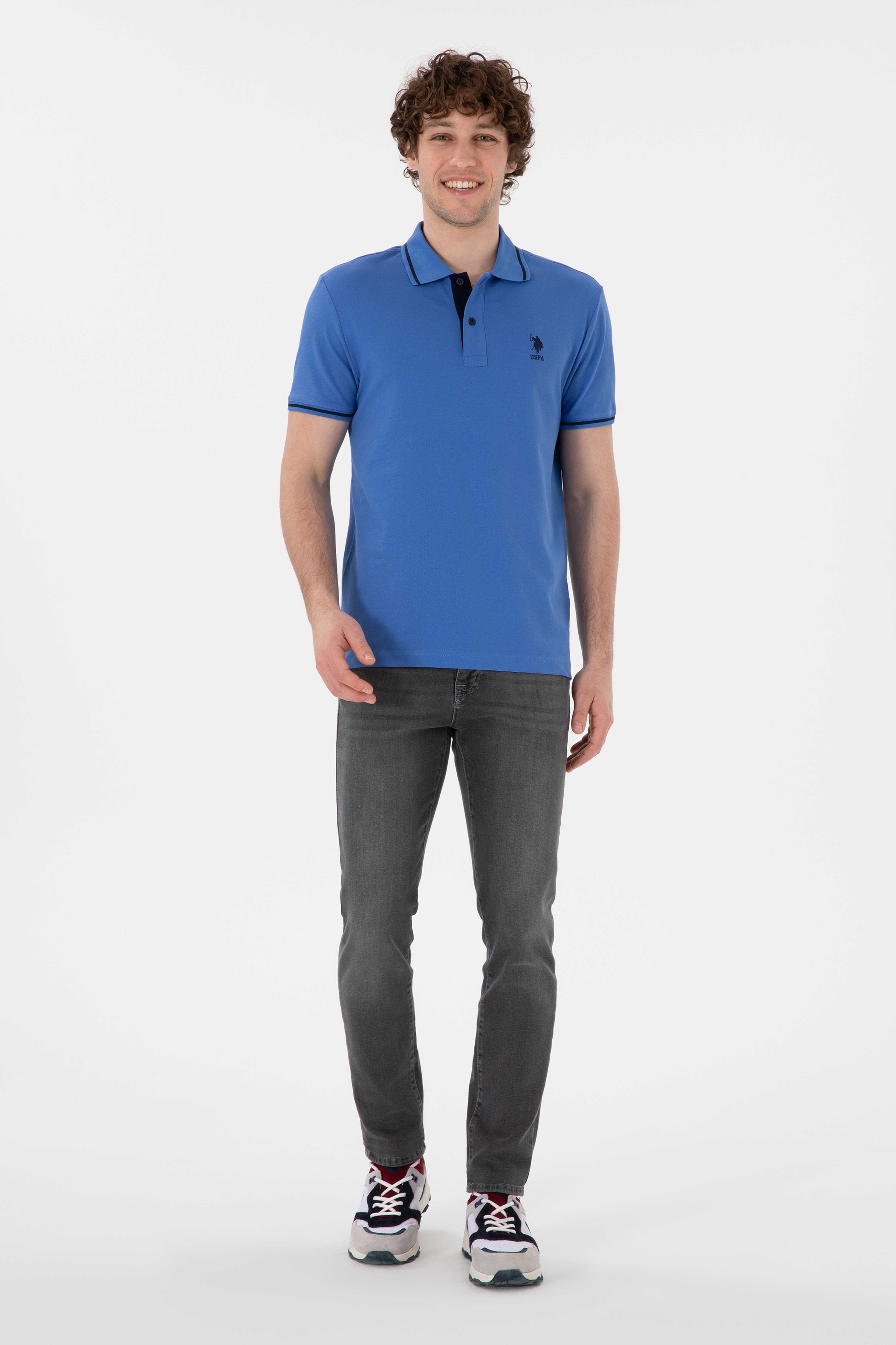 Erkek Slim Fit Polo Yaka İndigo Basic Tişört - Image 5