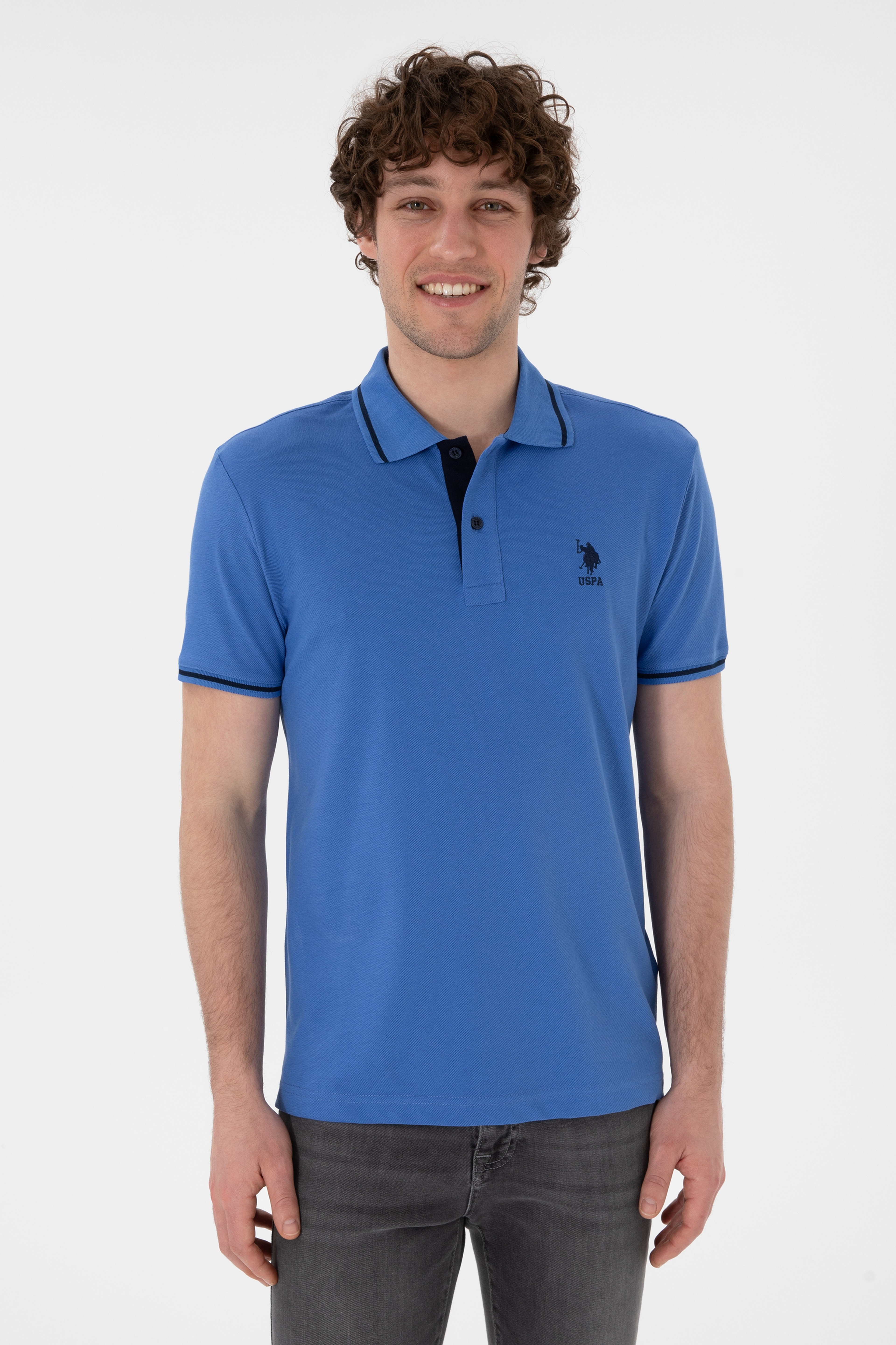 Erkek Slim Fit Polo Yaka İndigo Basic Tişört - Image 2