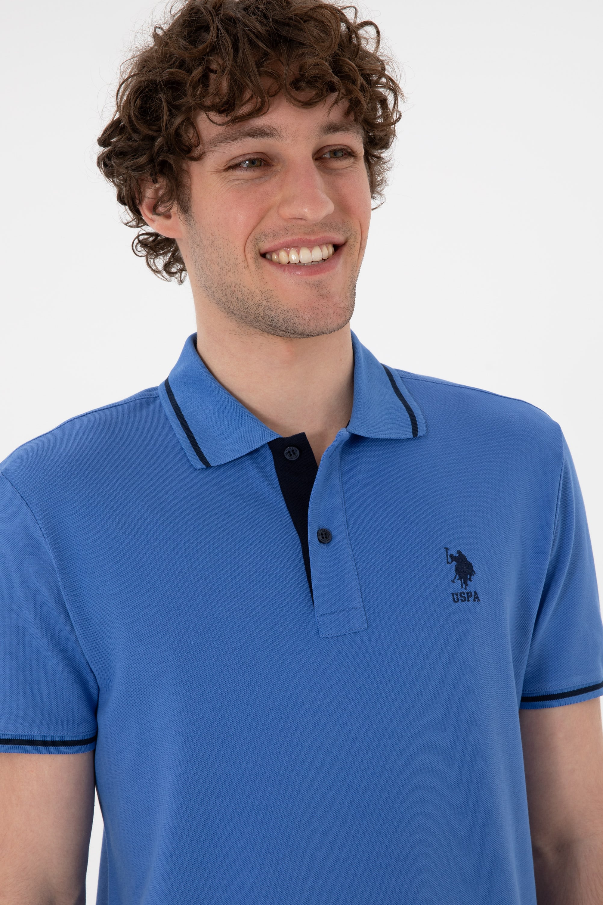 Erkek Slim Fit Polo Yaka İndigo Basic Tişört