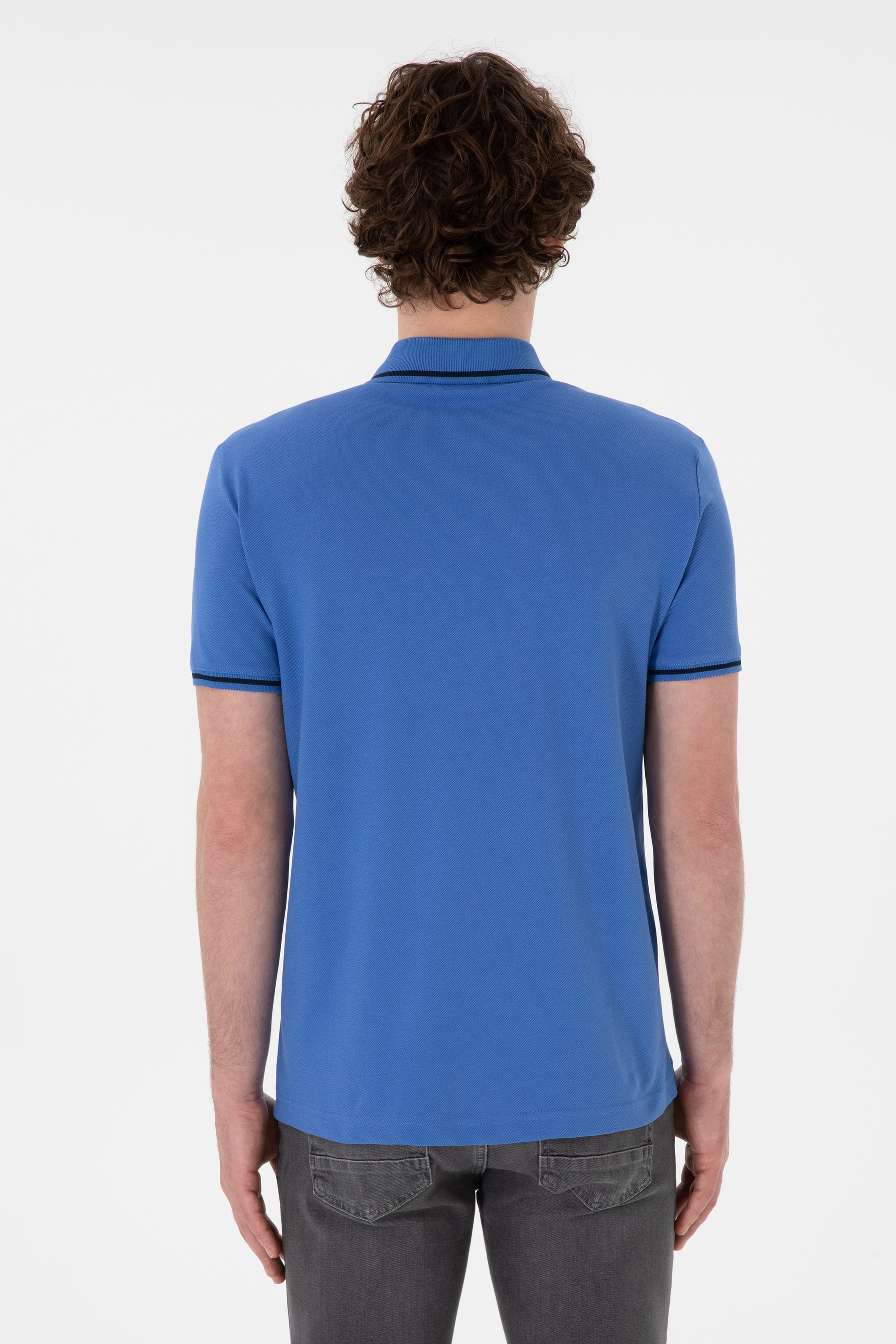 Erkek Slim Fit Polo Yaka İndigo Basic Tişört - Image 6