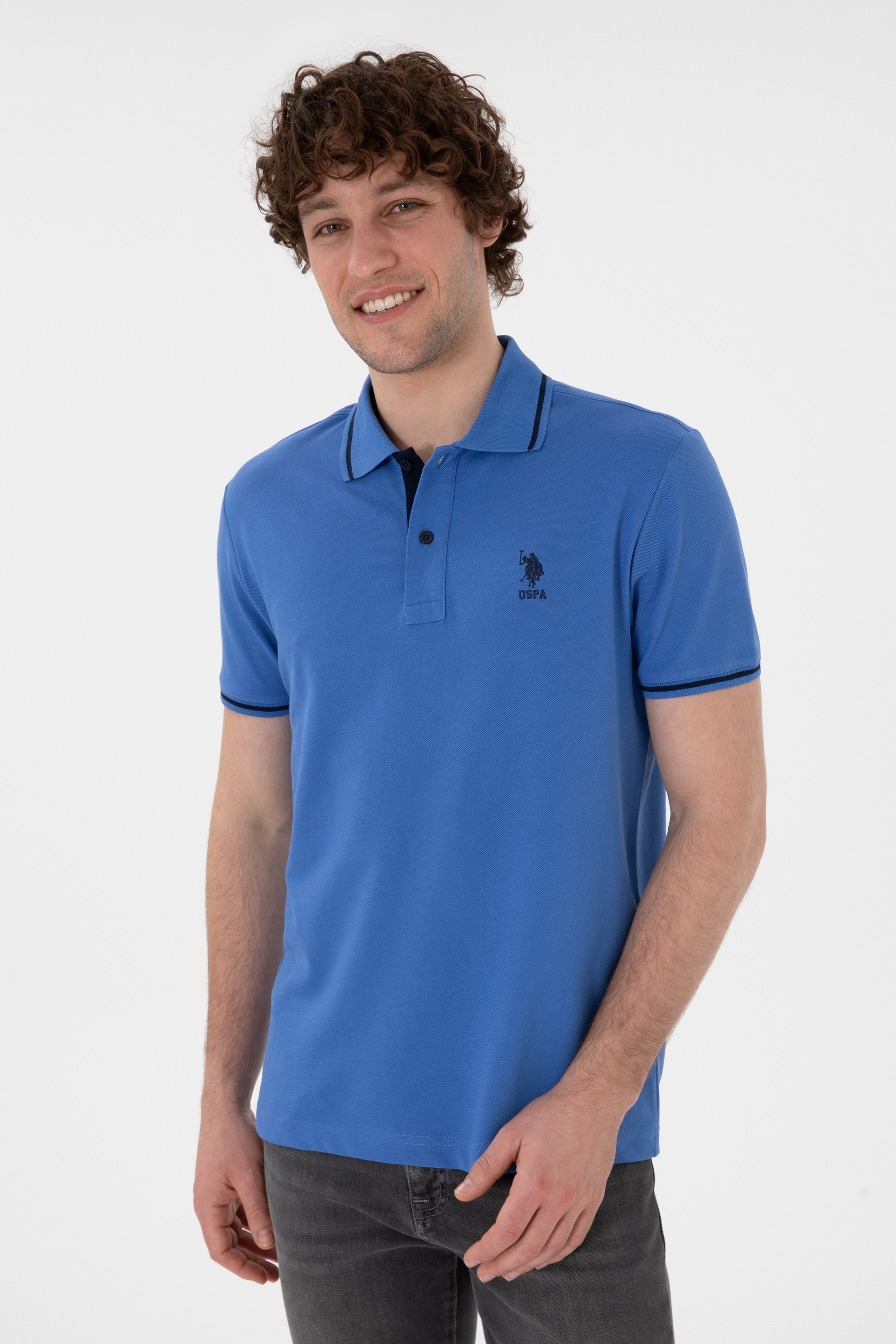 Erkek Slim Fit Polo Yaka İndigo Basic Tişört - Image 4