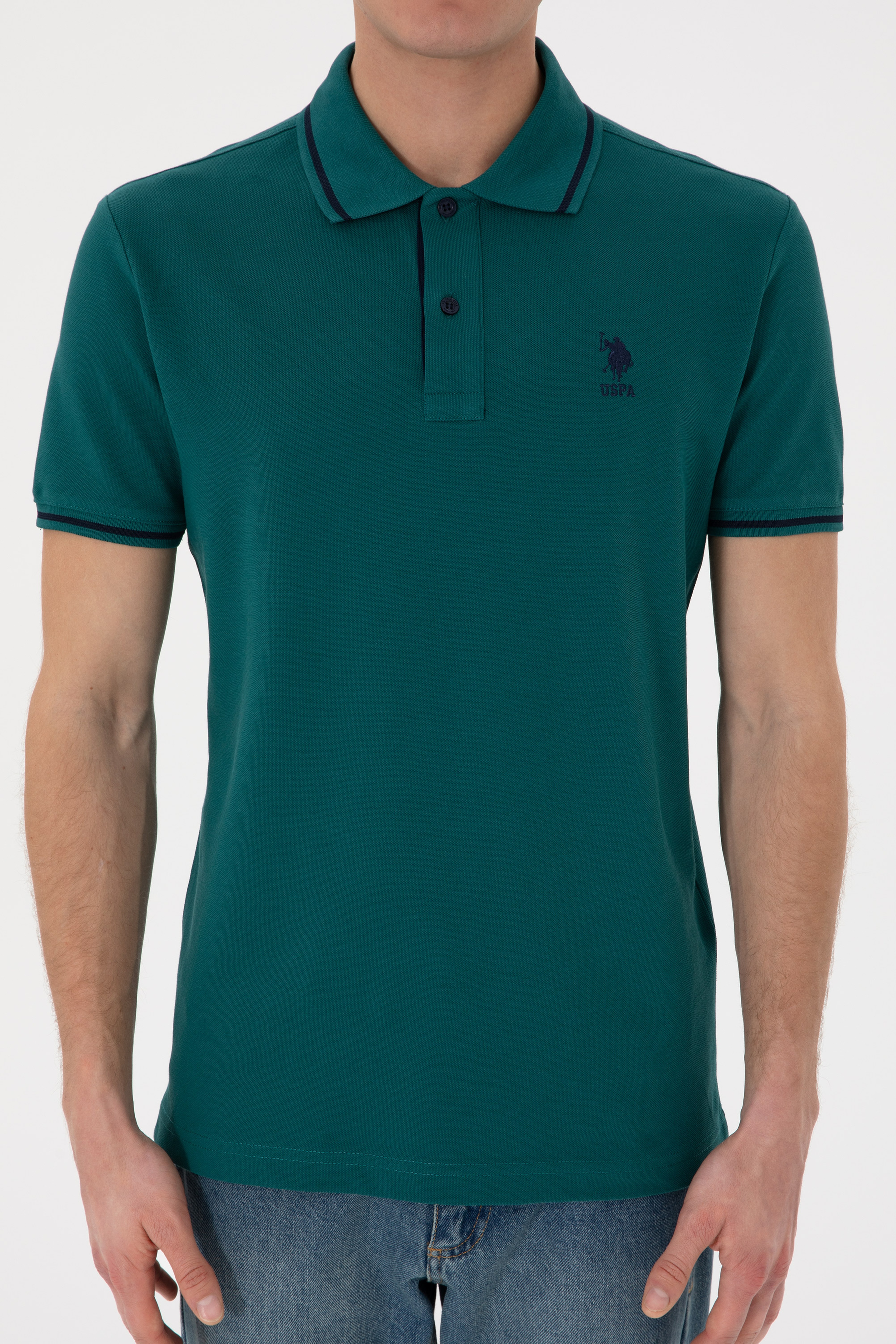 Erkek Slim Fit Polo Yaka Koyu Yeşil Basic Tişört - Image 7