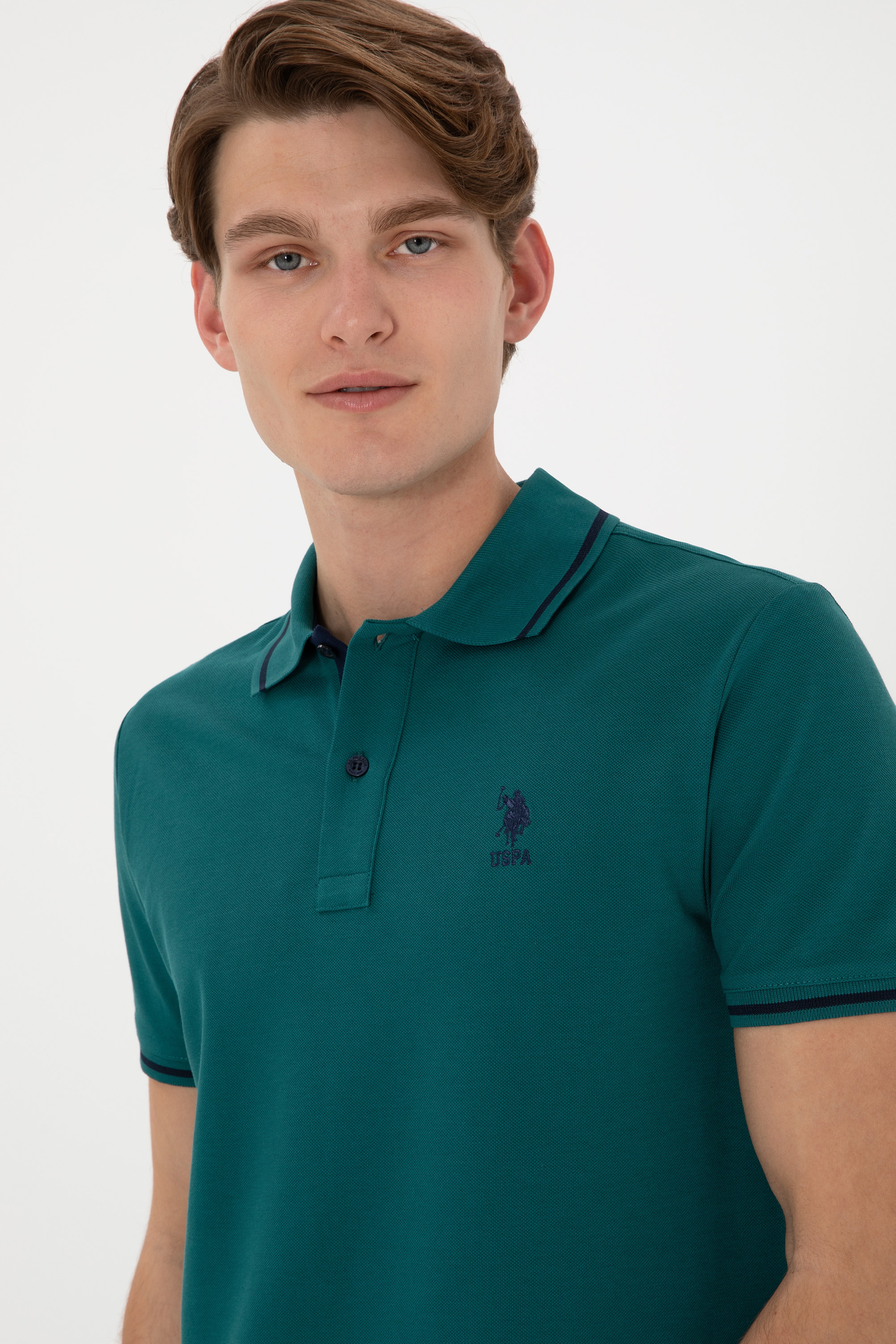 Erkek Slim Fit Polo Yaka Koyu Yeşil Basic Tişört - Image 3