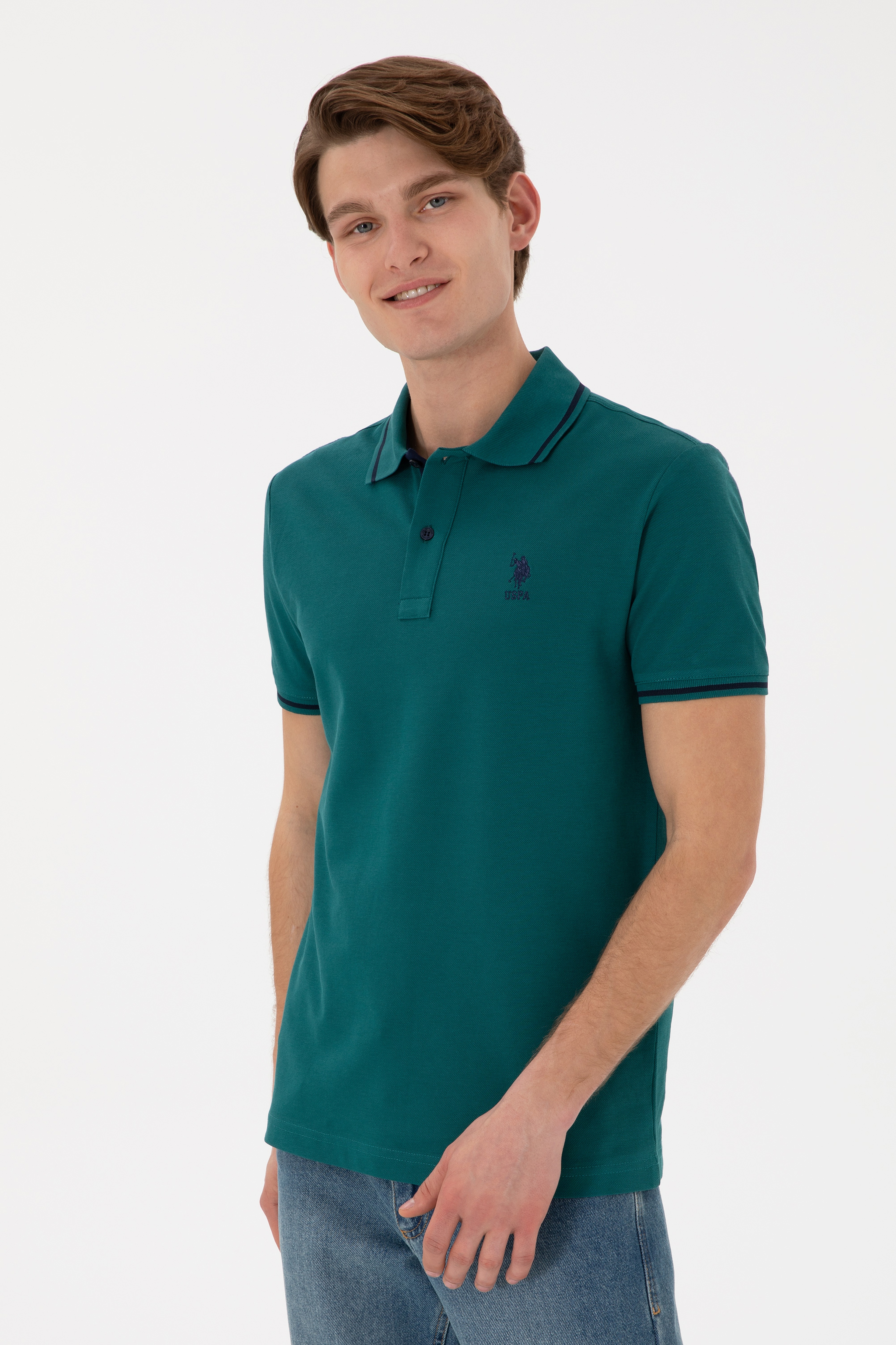 Erkek Slim Fit Polo Yaka Koyu Yeşil Basic Tişört - Image 2