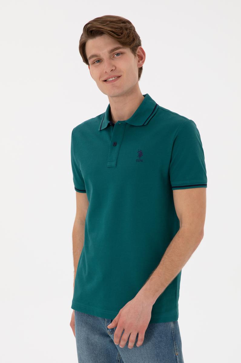 Erkek Slim Fit Polo Yaka Koyu Yeşil Basic Tişört