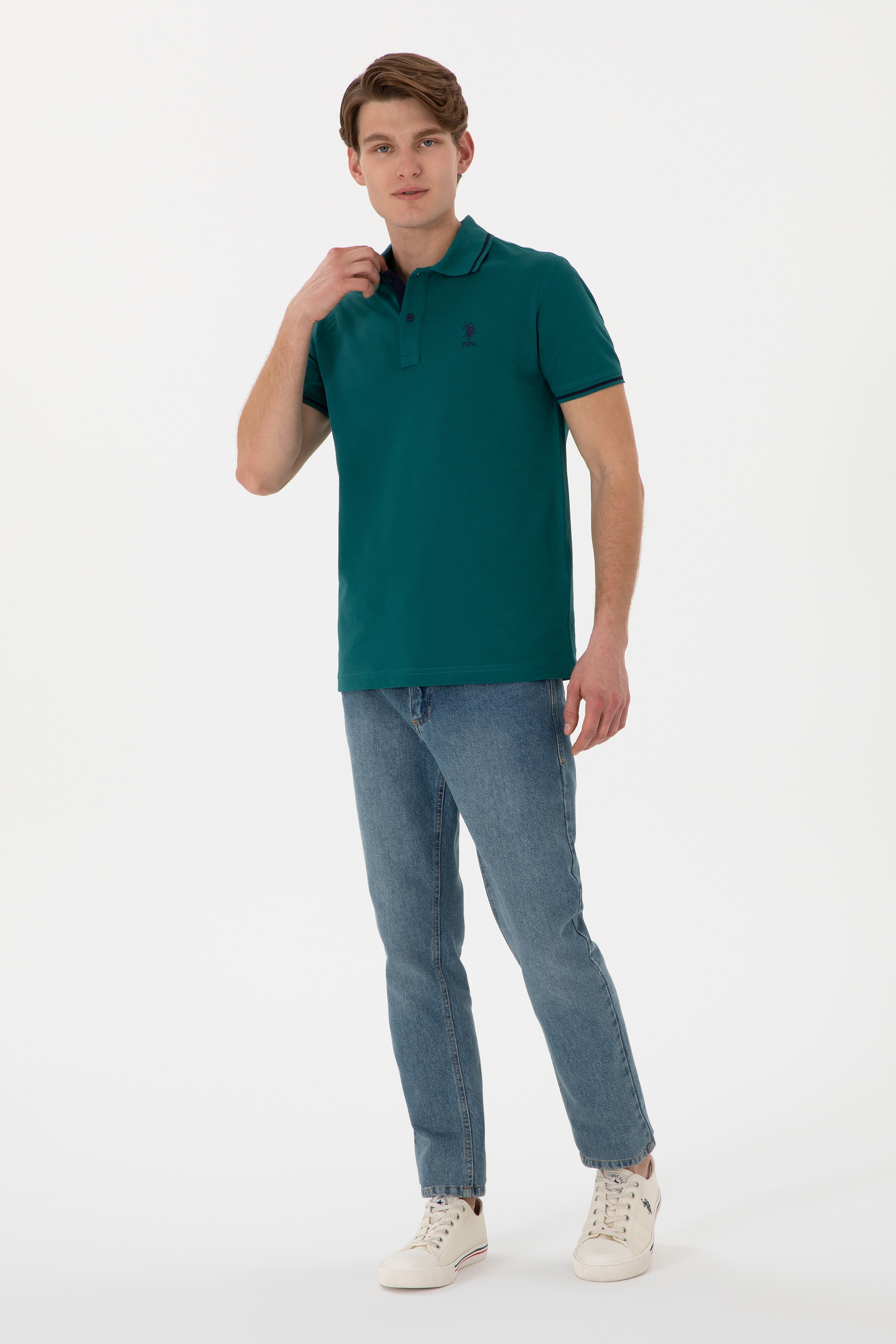 Erkek Slim Fit Polo Yaka Koyu Yeşil Basic Tişört - Image 5