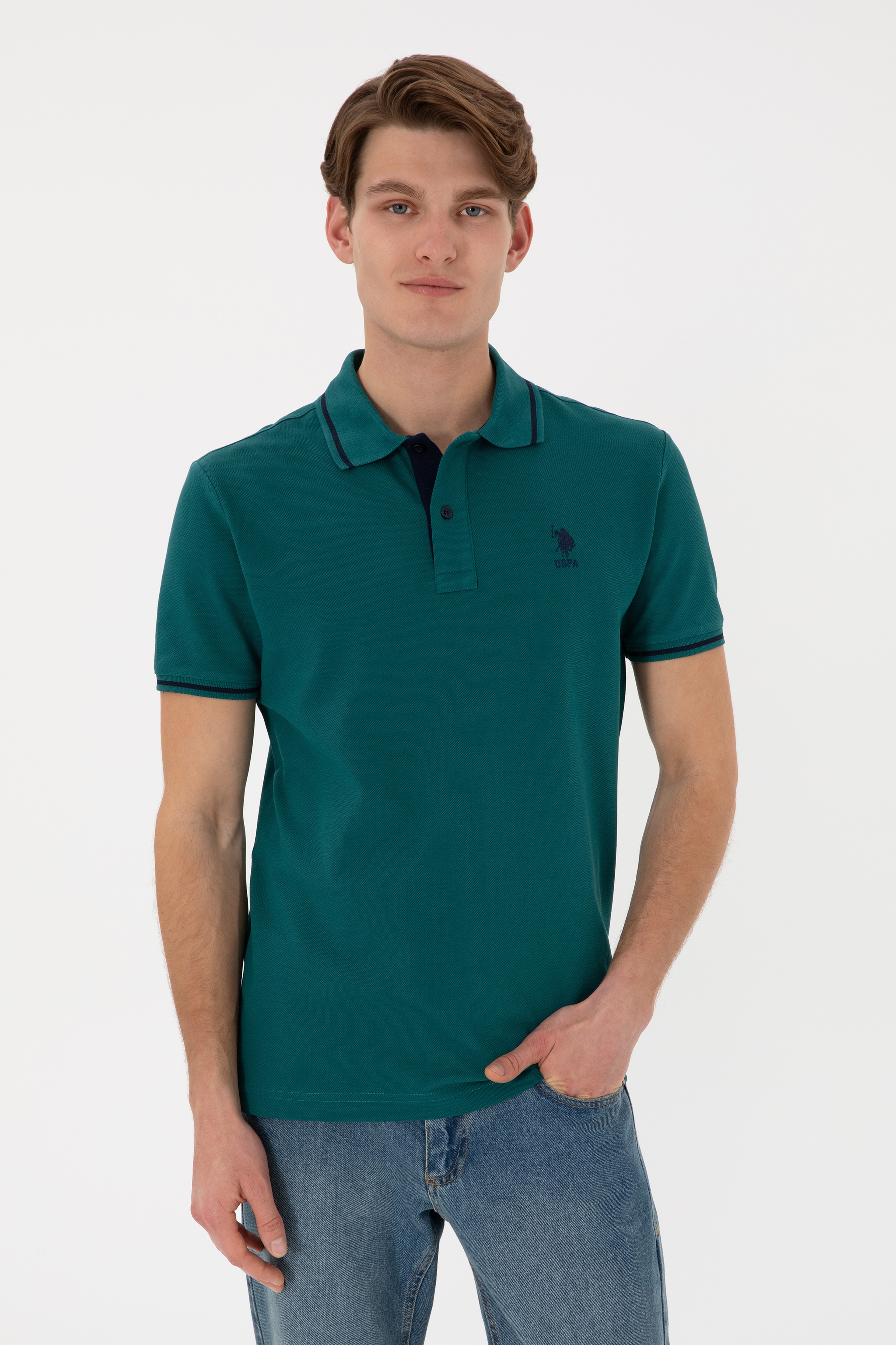 Erkek Slim Fit Polo Yaka Koyu Yeşil Basic Tişört - Image 1