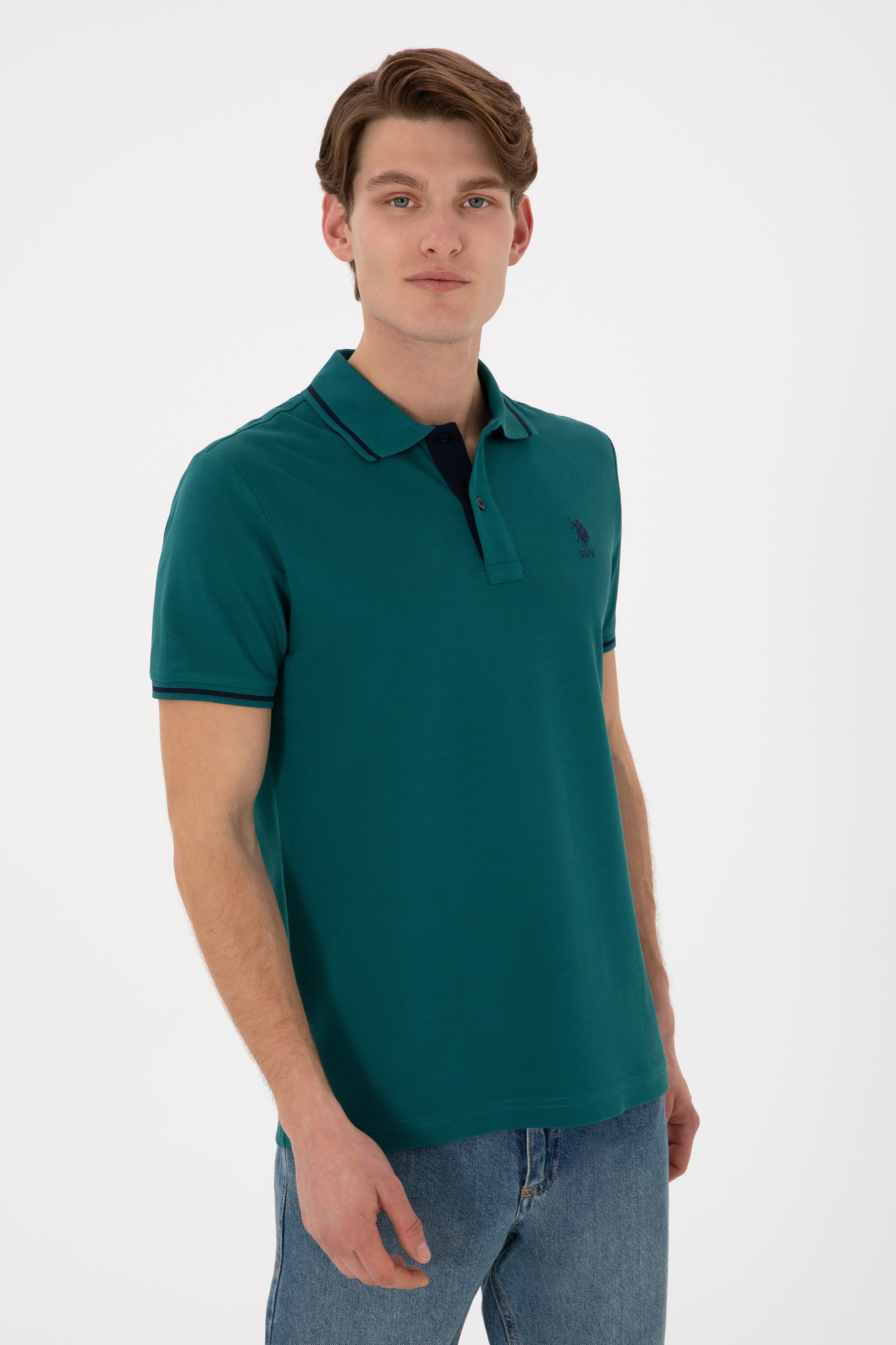 Erkek Slim Fit Polo Yaka Koyu Yeşil Basic Tişört