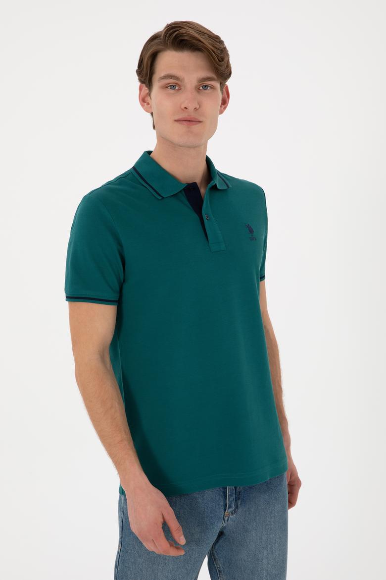 Erkek Slim Fit Polo Yaka Koyu Yeşil Basic Tişört - 50305980077