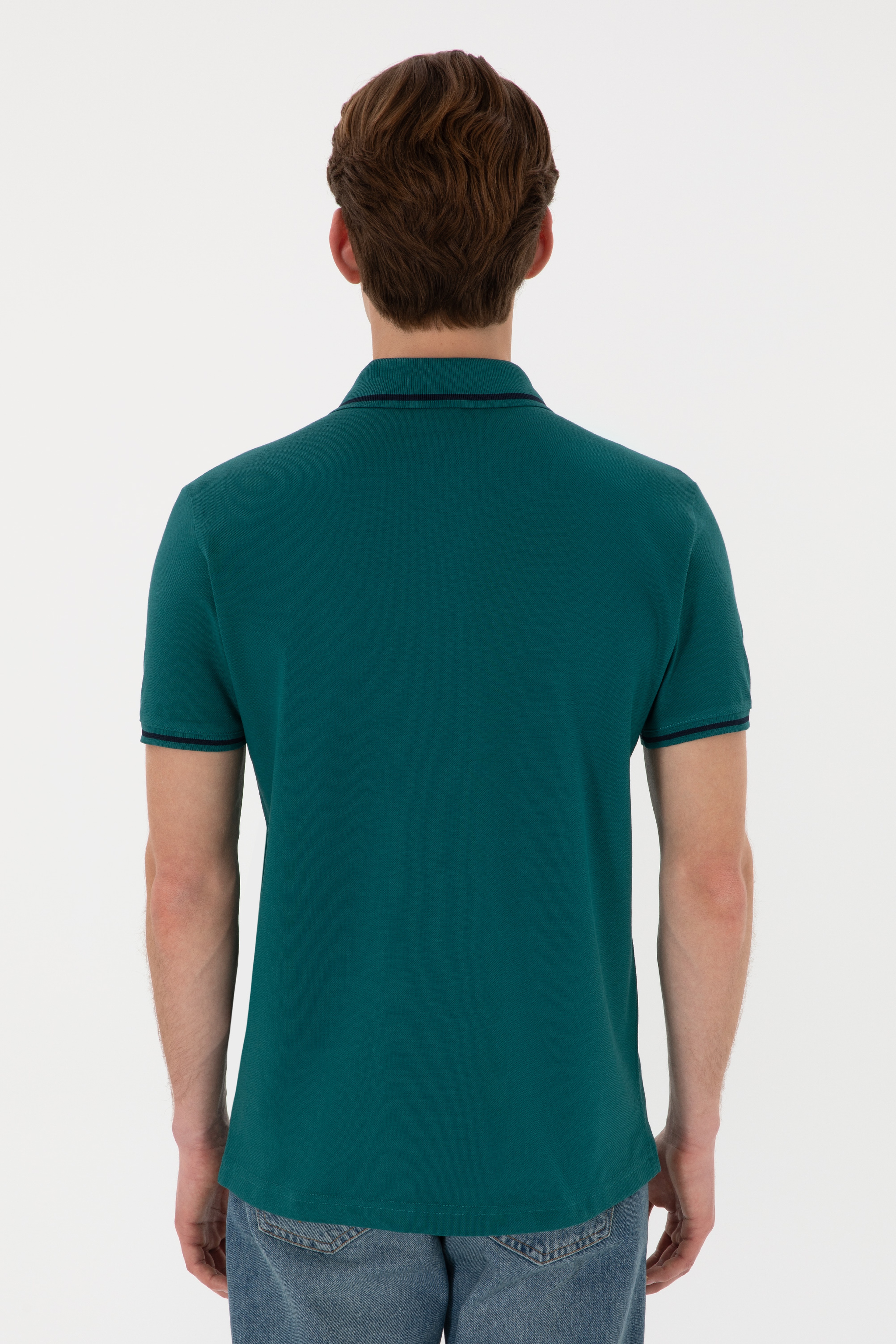 Erkek Slim Fit Polo Yaka Koyu Yeşil Basic Tişört