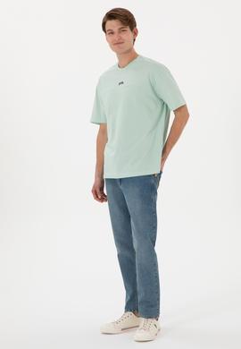 Erkek Comfort Fit Bisiklet Yaka Su Yeşili Tişört - 50306017099