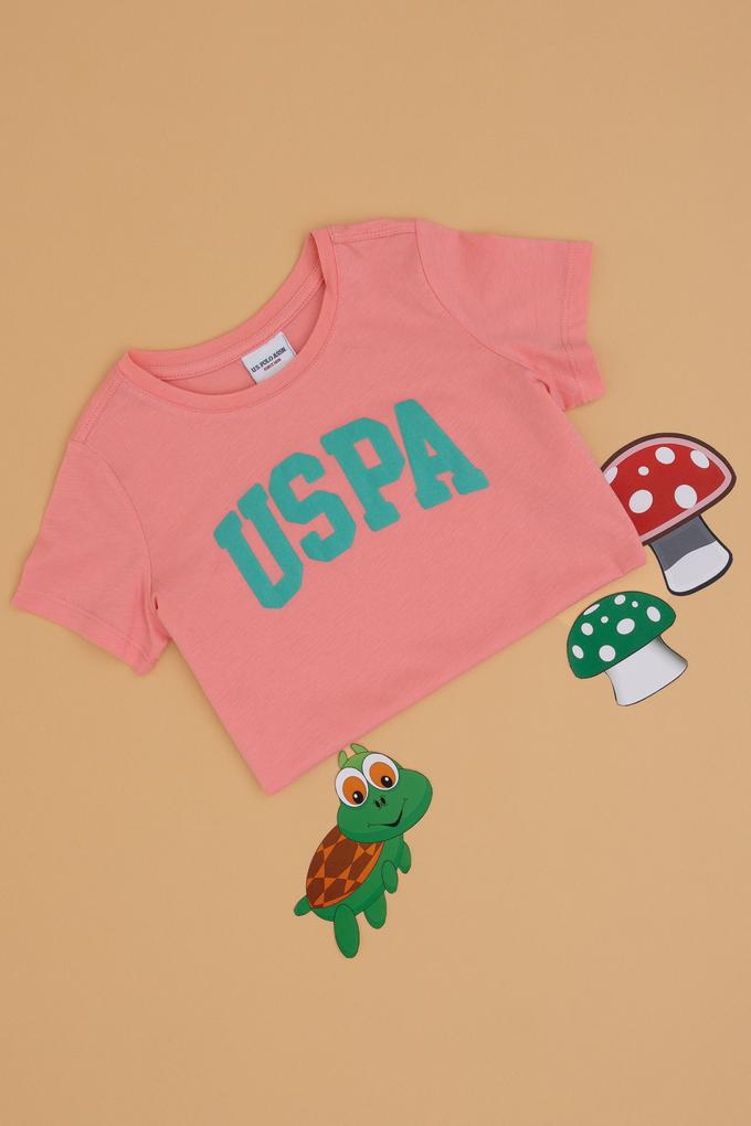 Kız Çocuk Pembe Bisiklet Yaka Pamuk Simli Uspa Baskılı Basic Tişört