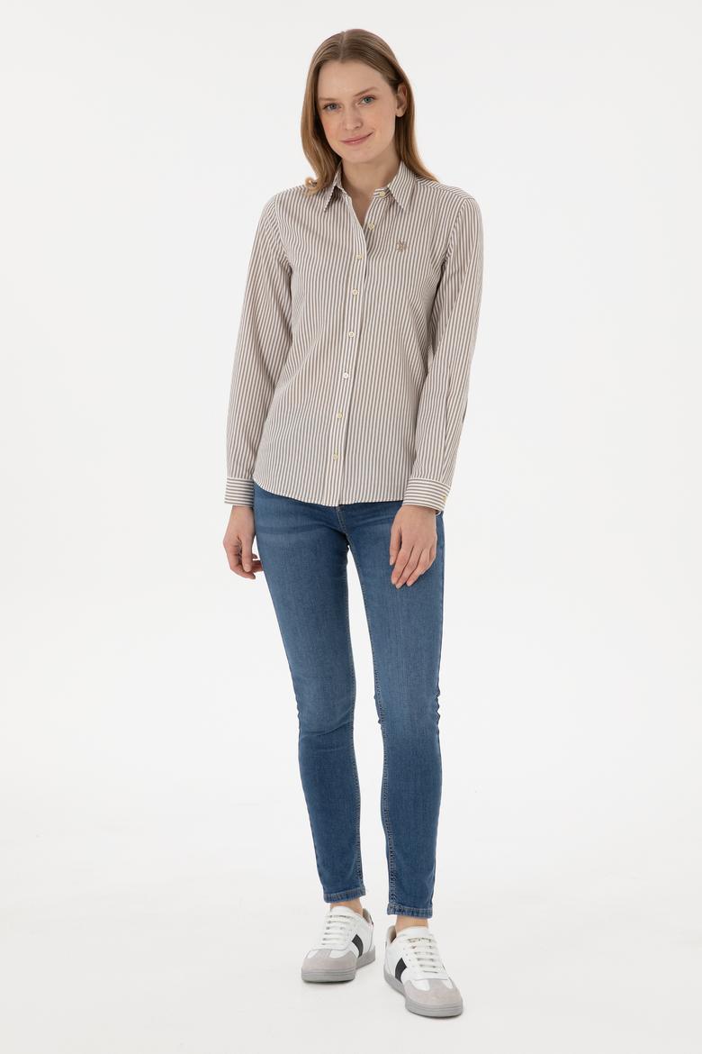 Kadın Haki Çizgili Uzun Kollu Gömlek - 50306407006