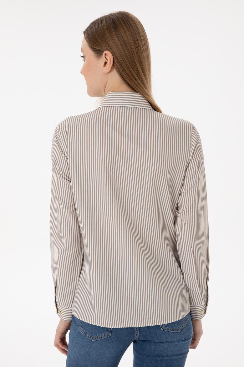Kadın Haki Çizgili Uzun Kollu Gömlek - 50306407006