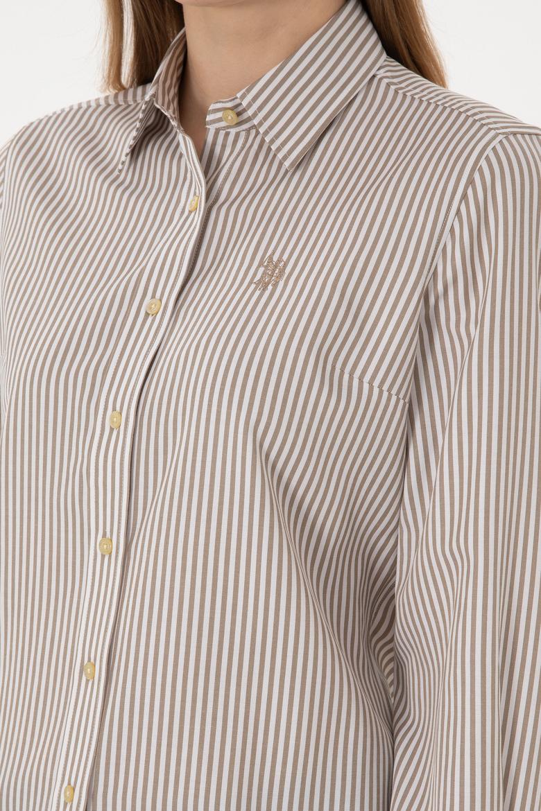 Kadın Haki Çizgili Uzun Kollu Gömlek - 50306407006