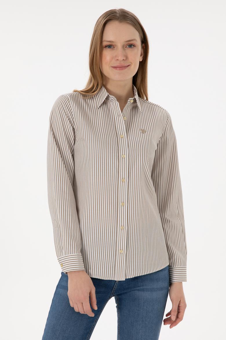 Kadın Haki Çizgili Uzun Kollu Gömlek
