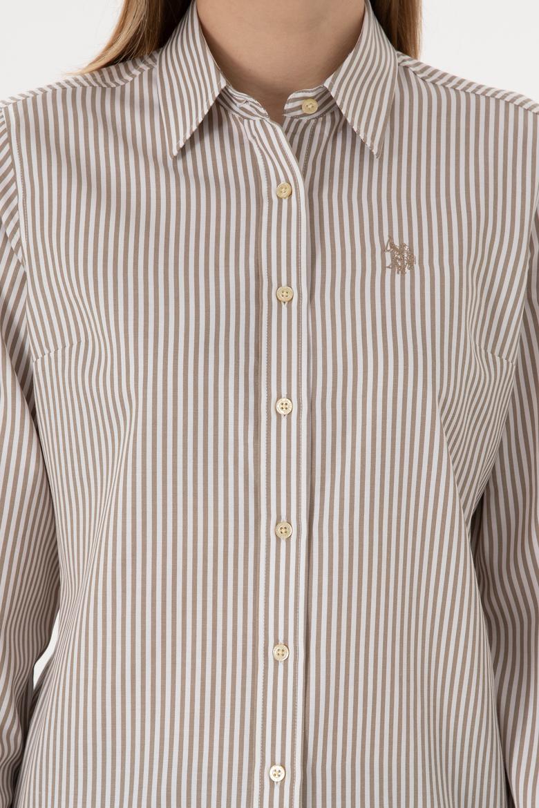 Kadın Haki Çizgili Uzun Kollu Gömlek - 50306407006