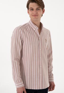Erkek Çizgili Camel Uzun Kollu Gömlek - 50306347016