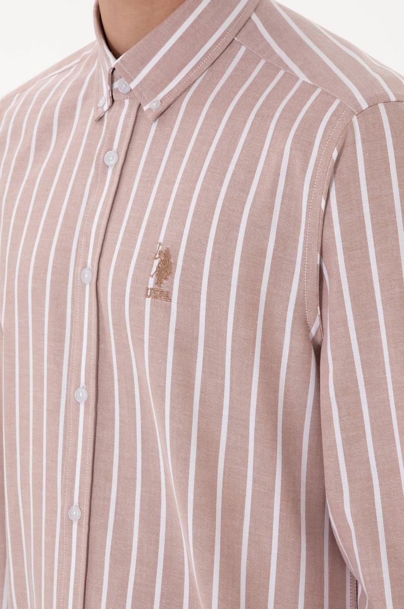 Erkek Çizgili Camel Uzun Kollu Gömlek