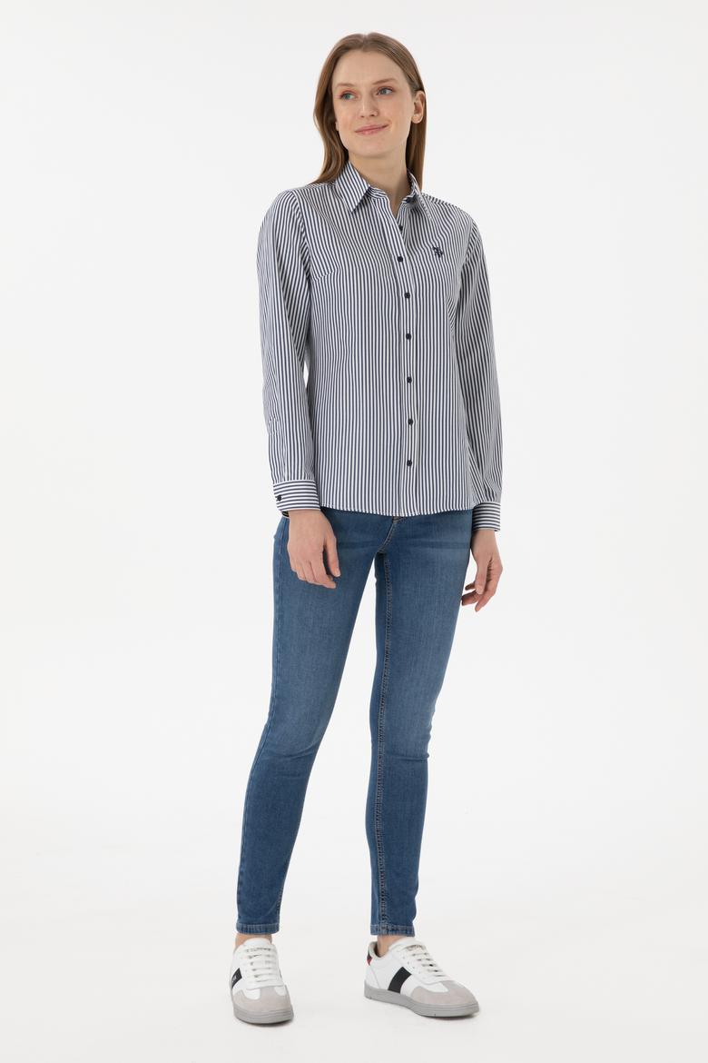 Kadın Lacivert Çizgili Uzun Kollu Gömlek - 50306407015