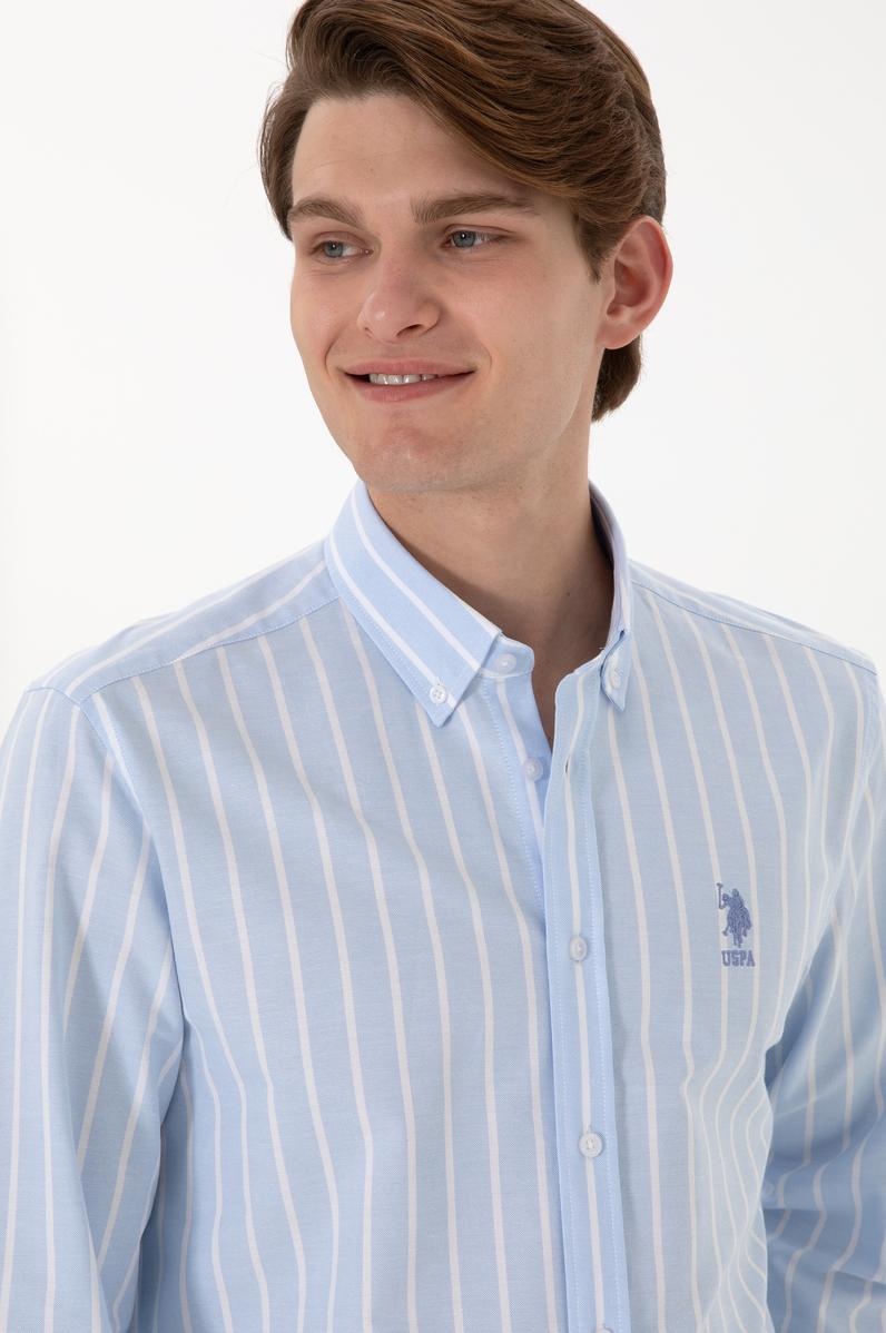 Erkek Çizgili Mavi Uzun Kollu Gömlek