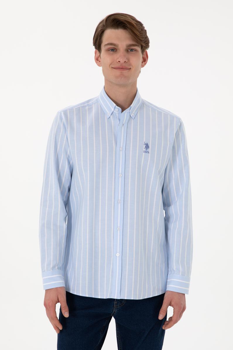 Erkek Çizgili Mavi Uzun Kollu Gömlek