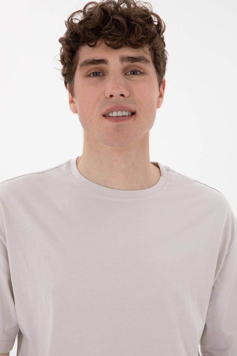 Erkek Comfort Fit Bisiklet Yaka Açık Gri Tişört - 50306879034