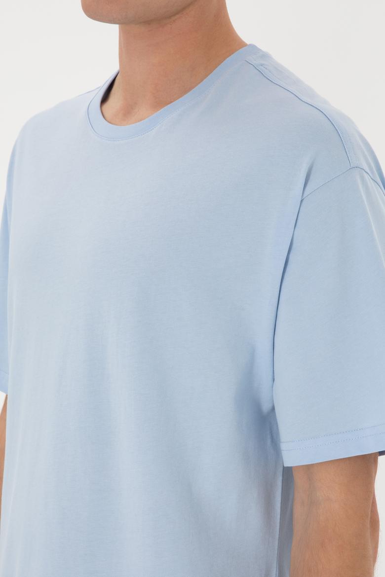 Erkek Comfort Fit Bisiklet Yaka Açık Mavi Tişört - 50306879027