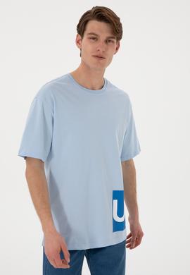 Erkek Comfort Fit Bisiklet Yaka Açık Mavi Tişört - 50306879027