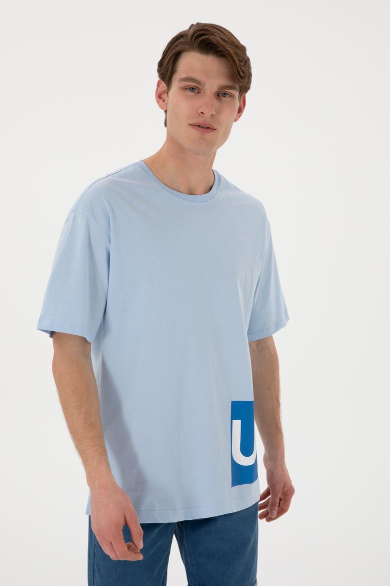 Erkek Comfort Fit Bisiklet Yaka Açık Mavi Tişört - 50306879027