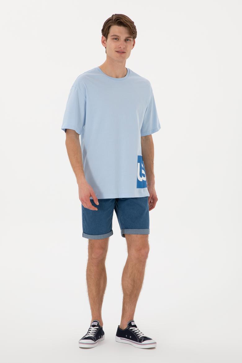 Erkek Comfort Fit Bisiklet Yaka Açık Mavi Tişört - 50306879027