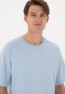 Erkek Comfort Fit Bisiklet Yaka Açık Mavi Tişört - 50306879027