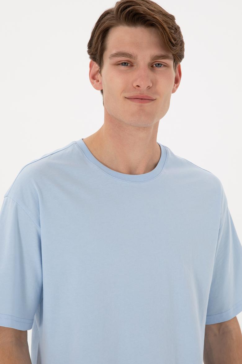 Erkek Comfort Fit Bisiklet Yaka Açık Mavi Tişört - 50306879027