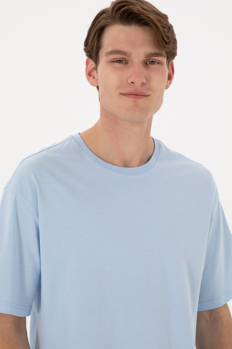 Erkek Comfort Fit Bisiklet Yaka Açık Mavi Tişört