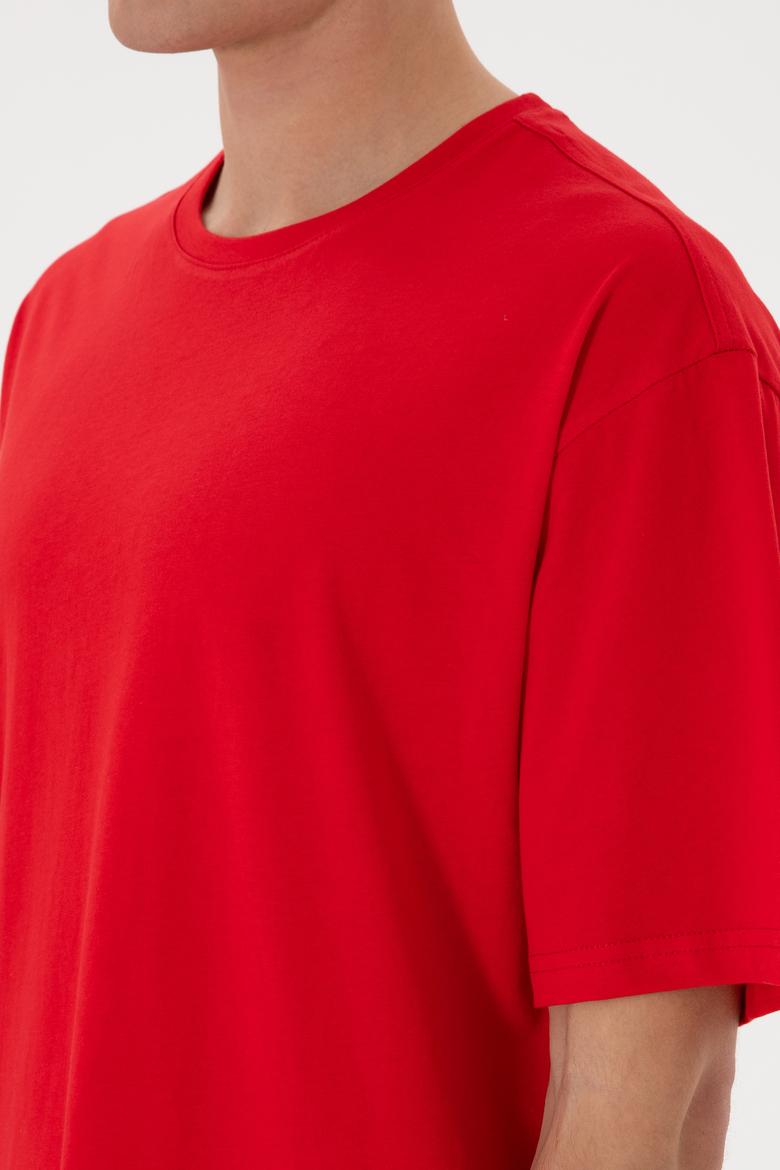 Erkek Comfort Fit Bisiklet Yaka Kırmızı Tişört - 50306879044