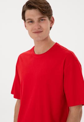 Erkek Comfort Fit Bisiklet Yaka Kırmızı Tişört - 50306879044