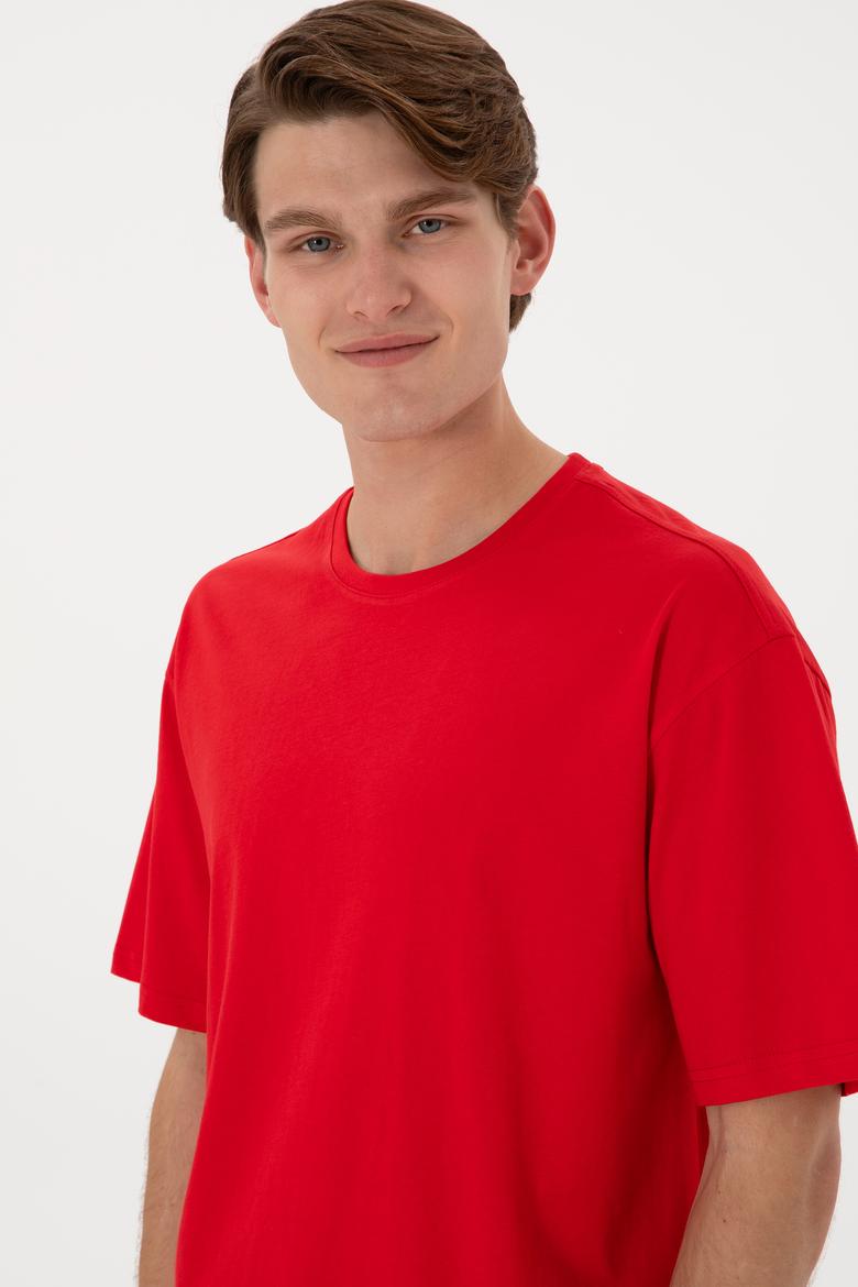 Erkek Comfort Fit Bisiklet Yaka Kırmızı Tişört - 50306879044