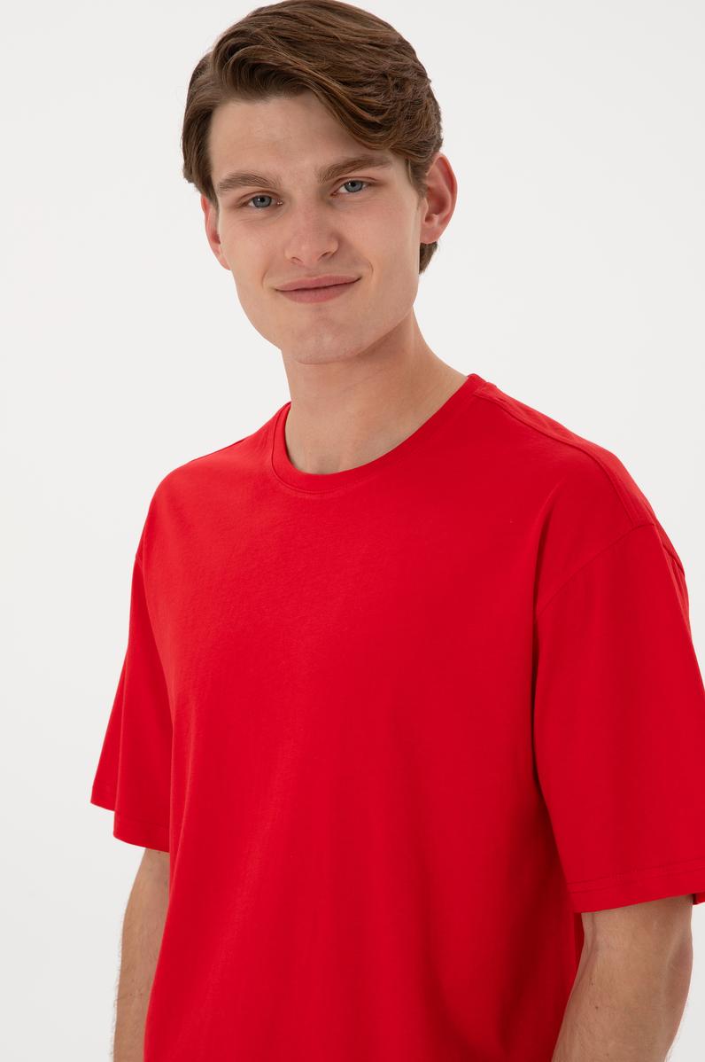 Erkek Comfort Fit Bisiklet Yaka Kırmızı Tişört