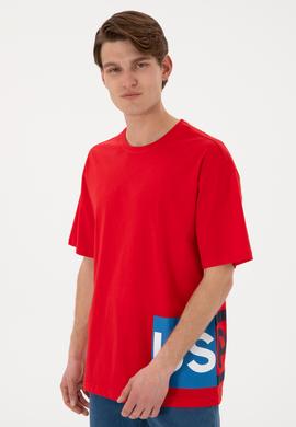 Erkek Comfort Fit Bisiklet Yaka Kırmızı Tişört - 50306879044